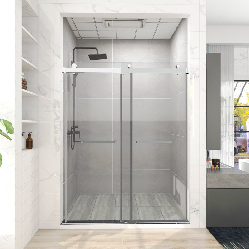 48 In. W X 76 In. H Freestanding Double Sliding Frameless Shower Enclosure In Chrome Finish, Chrome