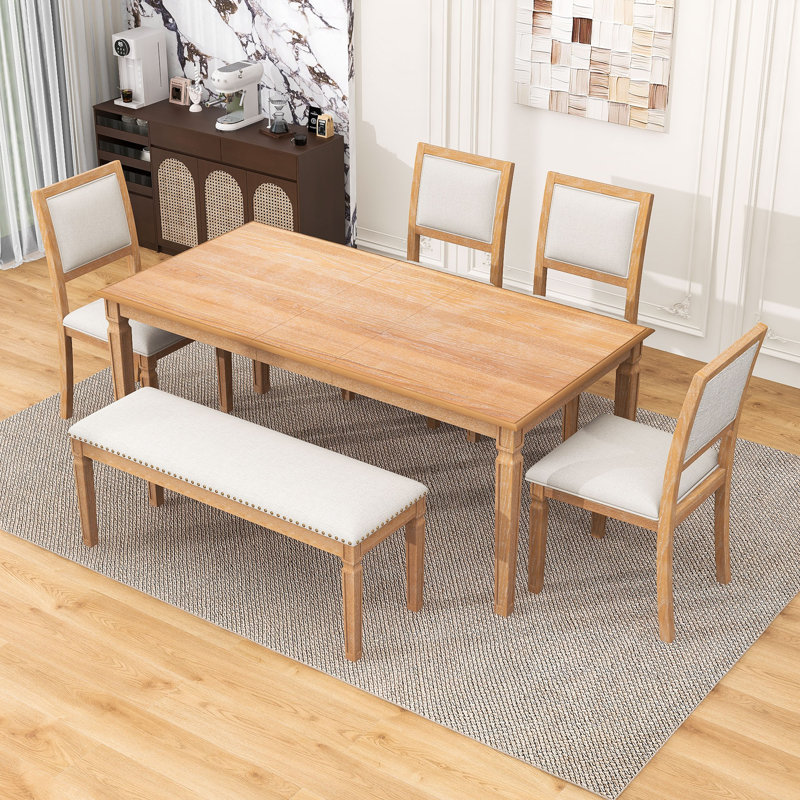 Ensemble de table de salle à manger extensible pour 6 personnes avec table rectangulaire, 4 chaises rembourrées et banc Vintage