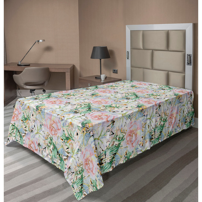 Drap plat Ambesonne, Drap plat pour lit simple, Jade Green Pink Floral