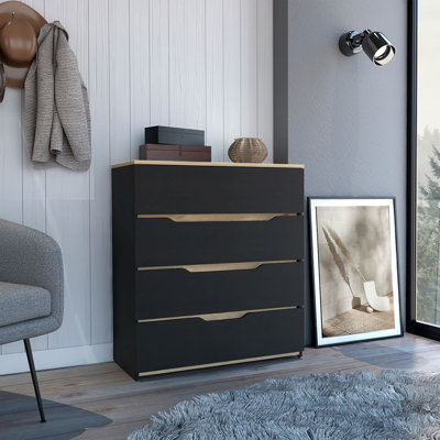 Commode à tiroir H 35 po, quatre tiroirs, plateau supérieur, noir / chêne clair