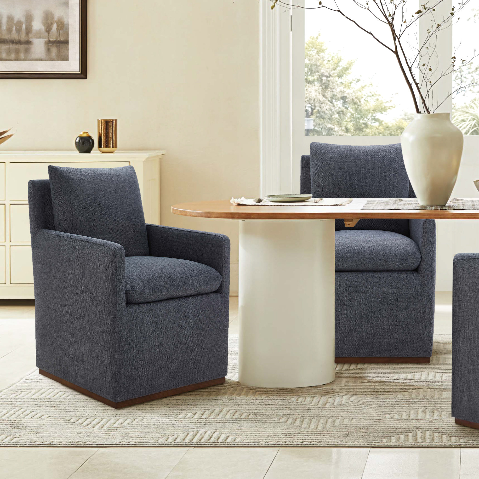 Bobbi Upholstered Dining Arm Chair, Effie Indigo Performance Linen