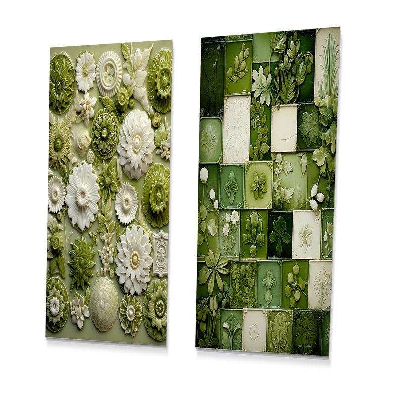 Botanicals Green Floral Tiles I - ensemble de 2 reproductions d'art mural en métal, H 28 po x l 24 po