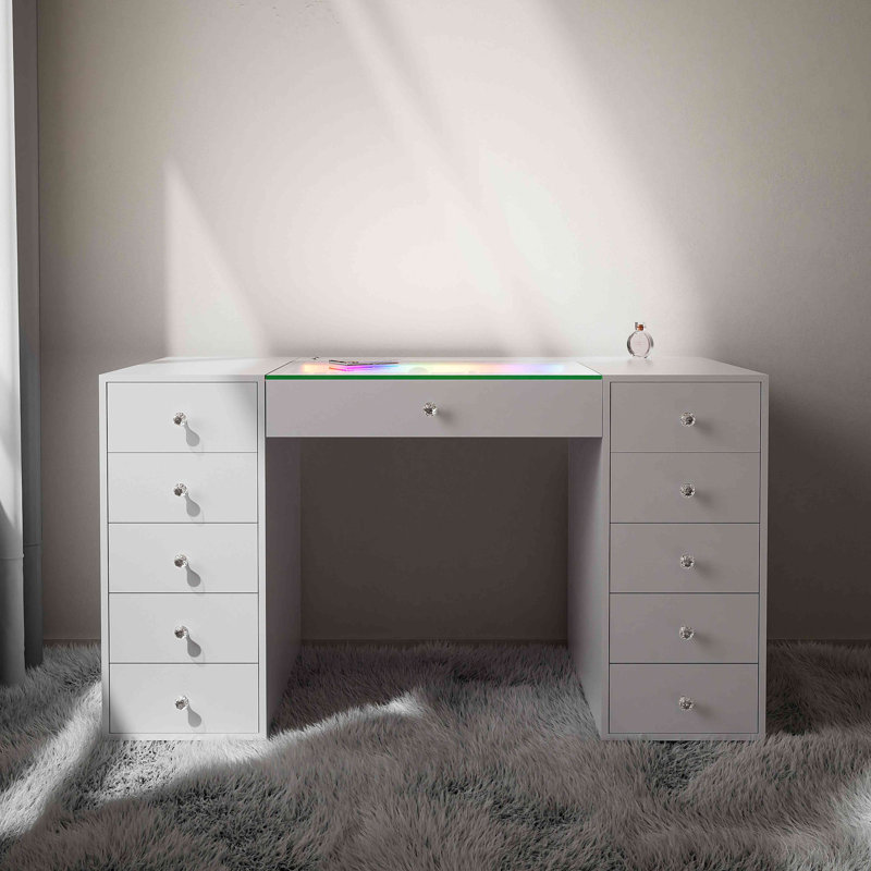 Meuble-lavabo de 51,2 po avec bande lumineuse à DEL RVB, meuble-lavabo moderne en verre avec 11 tiroirs, grande coiffeuse avec 6 modes d'éclairage couleur pour la chambre à coucher
