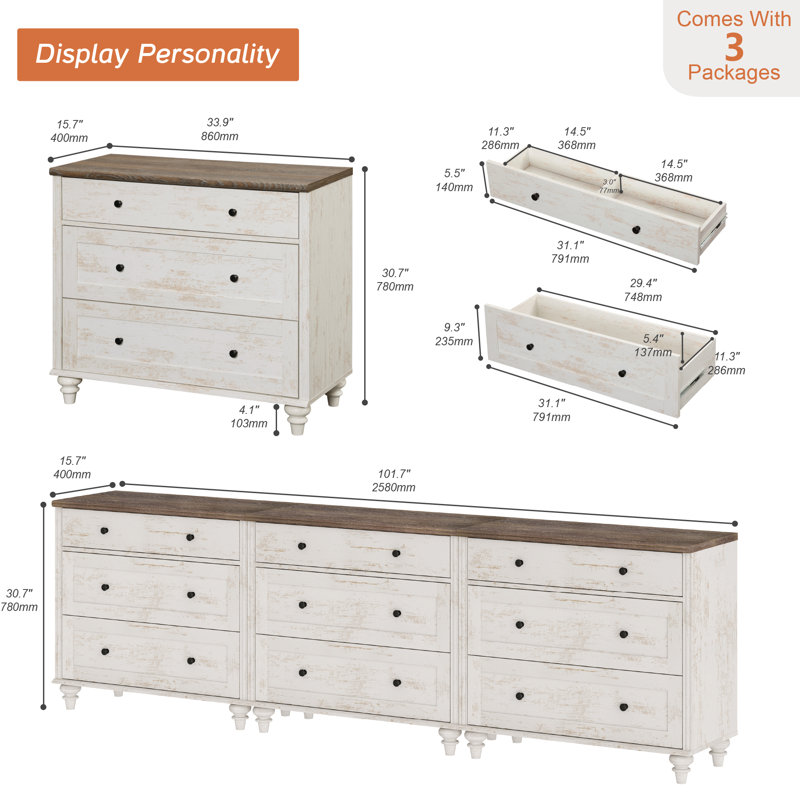 Ariv 9 - Drawer Kids Dressers Set With Solid Wood Legs, Rustic White