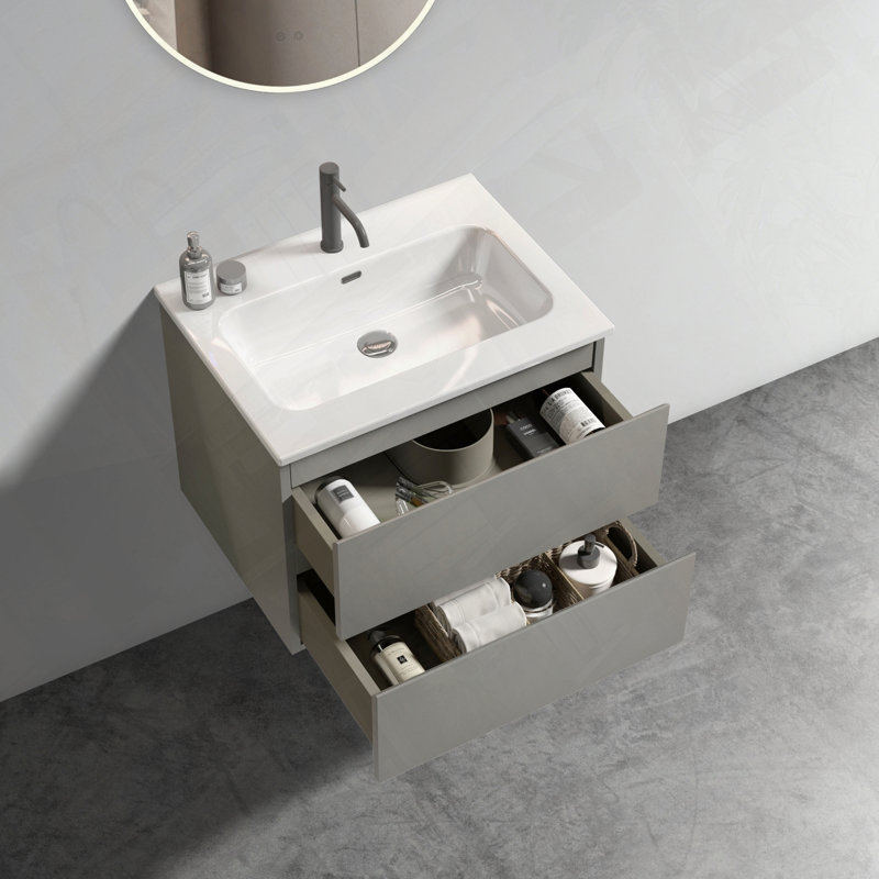 Meuble-lavabo mural avec lavabo en céramique et un trou de robinet pré-assemblé, Gris