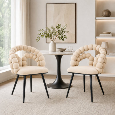 Ensemble de 2 chaises de salle à manger modernes en velours beige avec dossier à bulles et pieds en métal noir