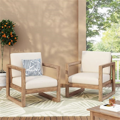 Outdoor Acacia Wood Patio Club Chair With Waterproof Thick Cushion For Deep Seating, Ideal For Porch, Garden, And Balcony by Latitude Run