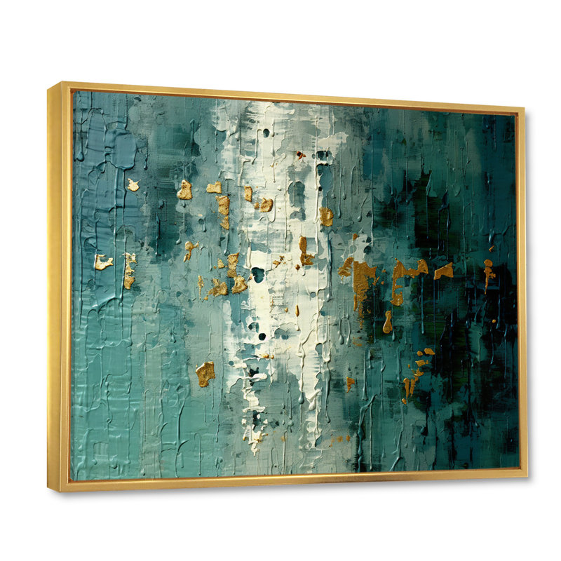 «Vintage Impermanence In Retro Gold Blue Shades», peinture abstraite sur toile, H 24 po x l 32 po, Cadre flottant doré