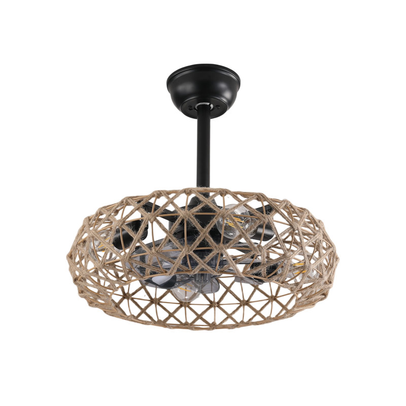 Ventilateur de plafond tissé avec 4 ampoules, intensité variable, 7 pales, moteur à courant continu réversible.