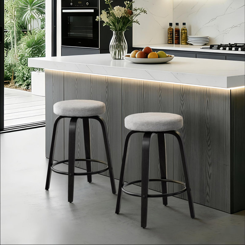 Tabouret de comptoir rond pivotant de 26 po avec structure en bois cintré, Siège gris / cadre noir