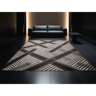 Tapis à rayures douces et moelleuses en noir Elwell