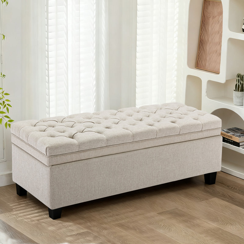 Cassina 51" Linen Upholstered  Storage Ottoman Bench , Beige Linen