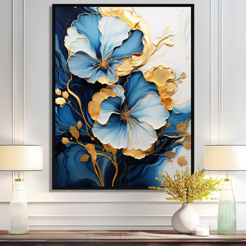 «White Blue Flower Gold Leaves - Abstract Modern Waves», art mural, H 32 po x l 16 po x P 1 po