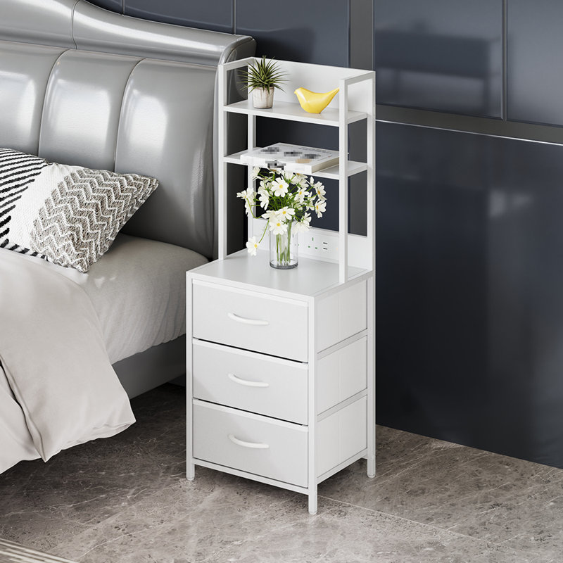 3-Drawer Nightstand with Charging Station & RGB Light Strip, Fabric Drawers, White