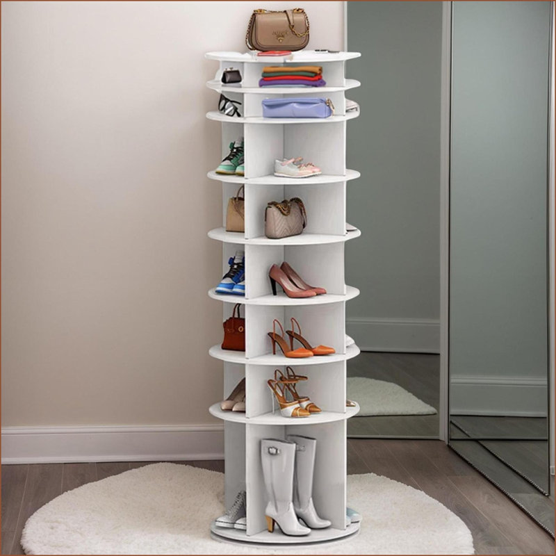 Rotating Shoe Rack Tower | 8-Tier 360° Spinning | Space-Saving | Snow White | PVC