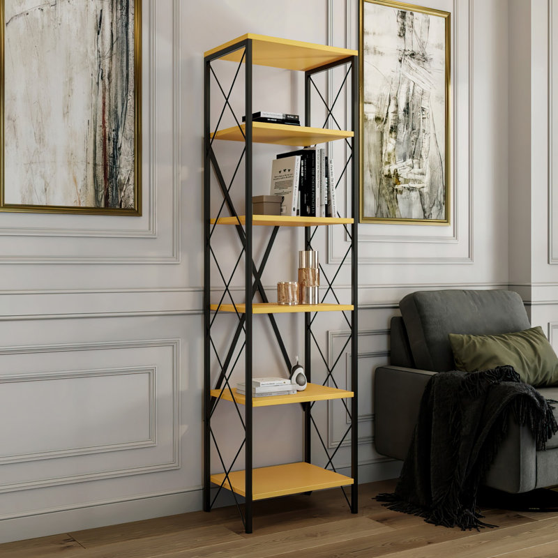 Baugus 180cm H x 50cm W Standard Bookcase, Black/Yellow