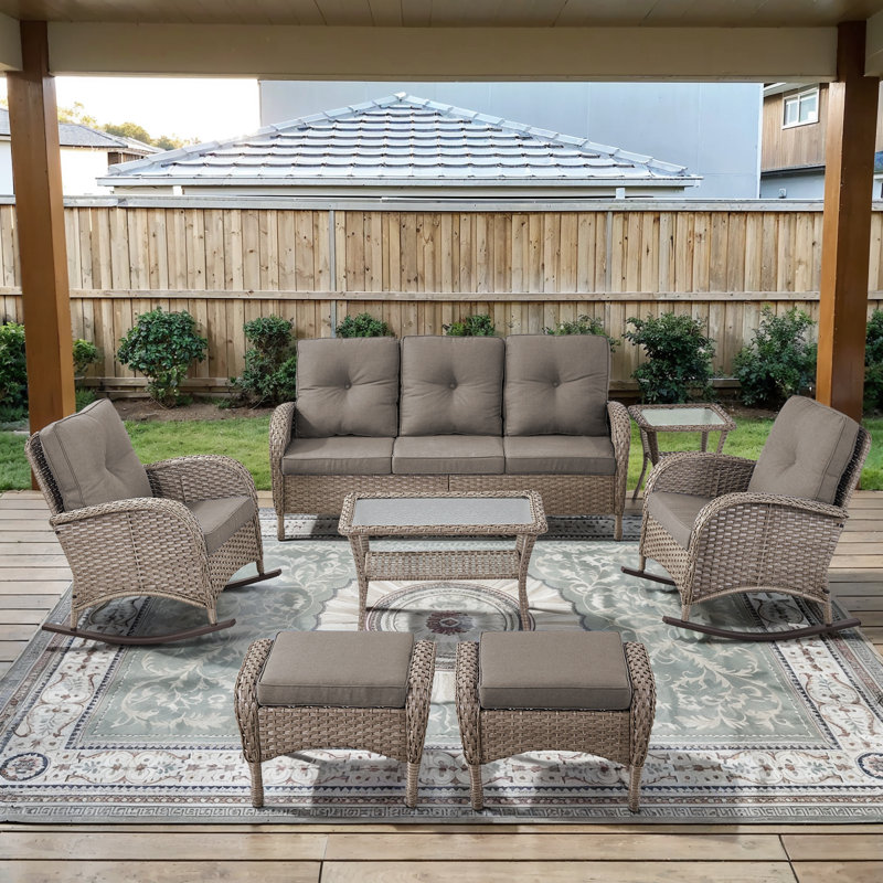 7-Pieces Outdoor Courtyard Wicker Sofa Conversation Set With Rocking Chairs, Gray, Gray