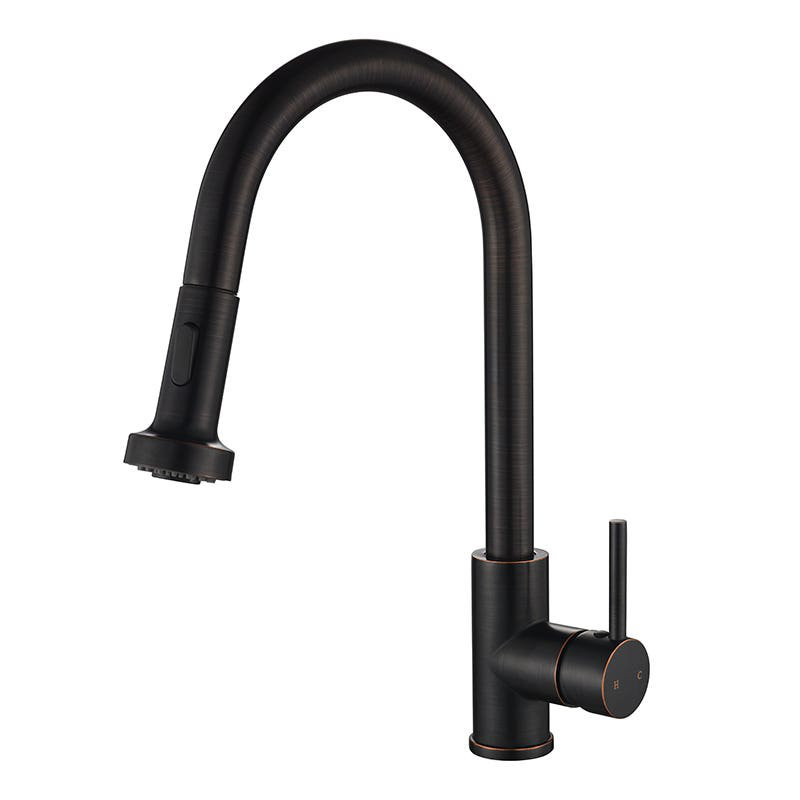 Robinet de cuisine rétractable à poignée simple avec accessoires, Bronze huilé