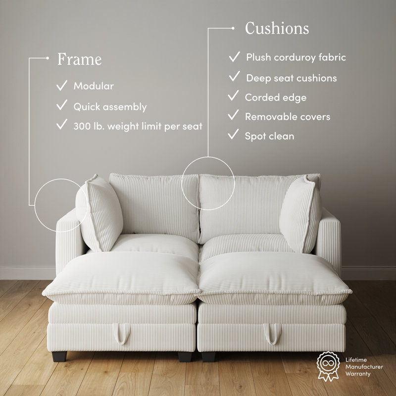 Somerdale Modern 4-Piece Armless Pit Sectional Sofa, White Corduroy