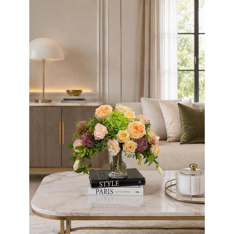 17 Inch Real Touch English Rose, Lisianthus, and Hydrangea Centerpiece in Clear Glass Vase, Faux Floral Arrangement, Elegant Dining Table and Living Room Decor