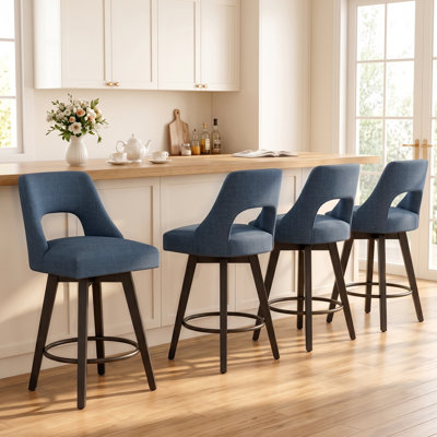 Tabouret de comptoir pivotant revêtu de lin Nora avec structure et repose-pieds en bois massif noir