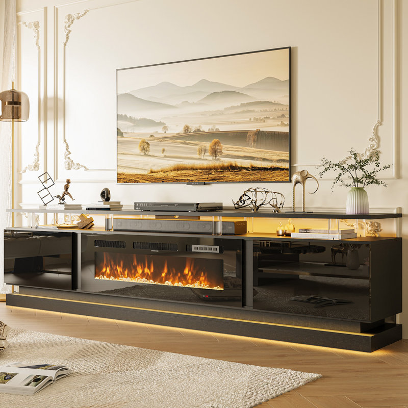 TV Stand With Fireplace, 61" H x 203" W x 35" D, Black