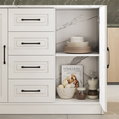 Îlot de cuisine 47,2 po avec prise de courant et 4 tiroirs, îlot de cuisine en faux marbre avec grande armoire de rangement pour la cuisine et la salle à manger