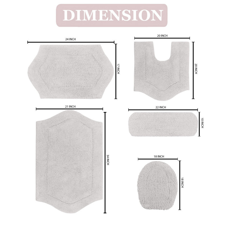 Ensemble de tapis de bain en coton 5 pièces Athyrium, Gris clair