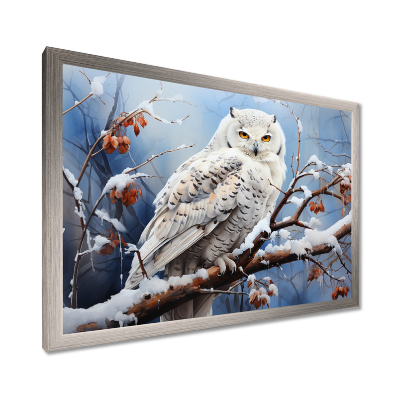 Snowy Owl Winter II - Winter Landscape, art mural, Cadre simple argenté, H 16 po x l 32 po x P 1 po