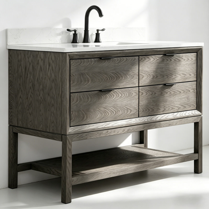 48" Freestanding Single Sink Solid Wood Gray Oak Bathroom Vanity with Engineered Marble Top, Gray Oak