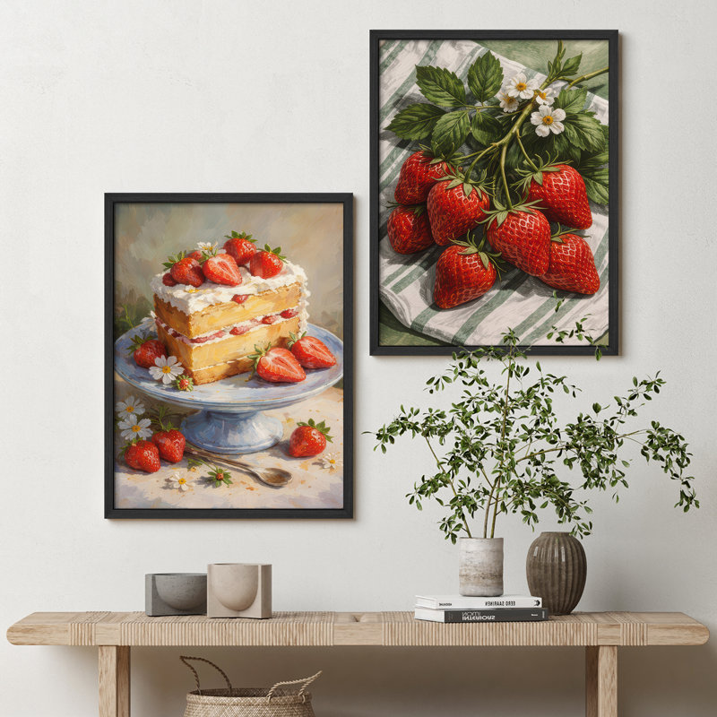 Strawberry Cake & Fresh Strawberries Framed Wall Art Prints Set of 2 - Dessert Still Life Kitchen Dining Room, Blanc