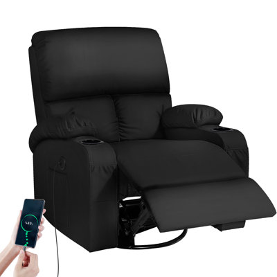 35" Reclining Rocking Massage Chair, Synthetic Leather 360° Swivel With Vibration Heat Usb Type C, Living Room Bedroom Children's Room Rv,Black