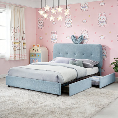 Lit tapissier avec tête de lit surdimensionnée en forme de lapin, lumière DEL et 4 tiroirs de rangement, cadre de lit plateforme en tissu Boucle, aucun sommier tapissier requis, conception silencieuse pour la chambre à coucher
