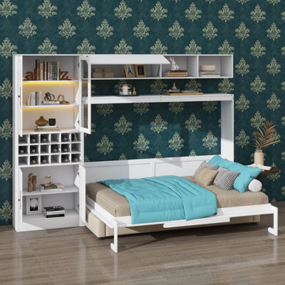 Queen Size Bed With Couch, Storage Shelves, Charging Station, LED Light, Bookshelf, And Wine Rack