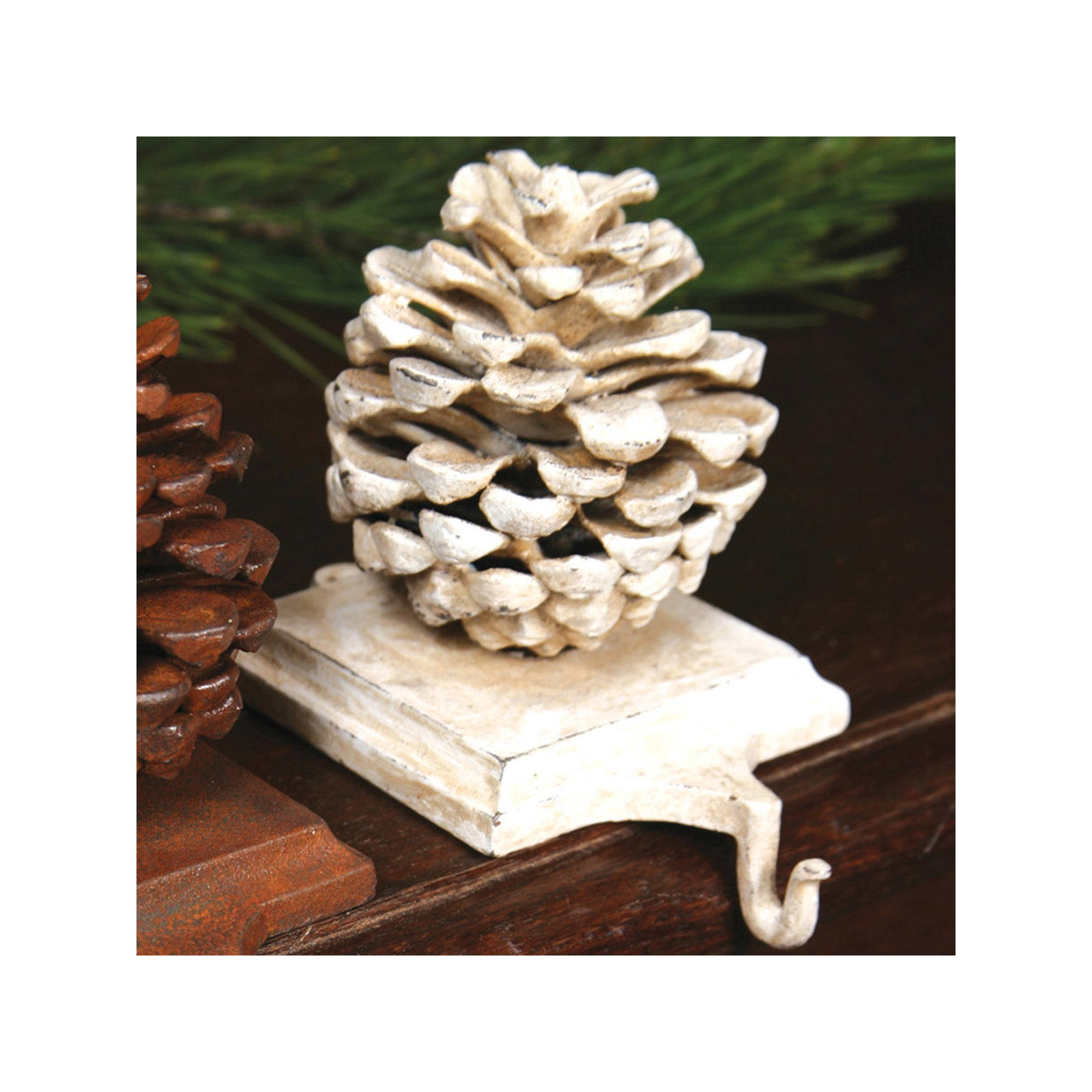 Pinecone Stocking Holder, Cast Iron White