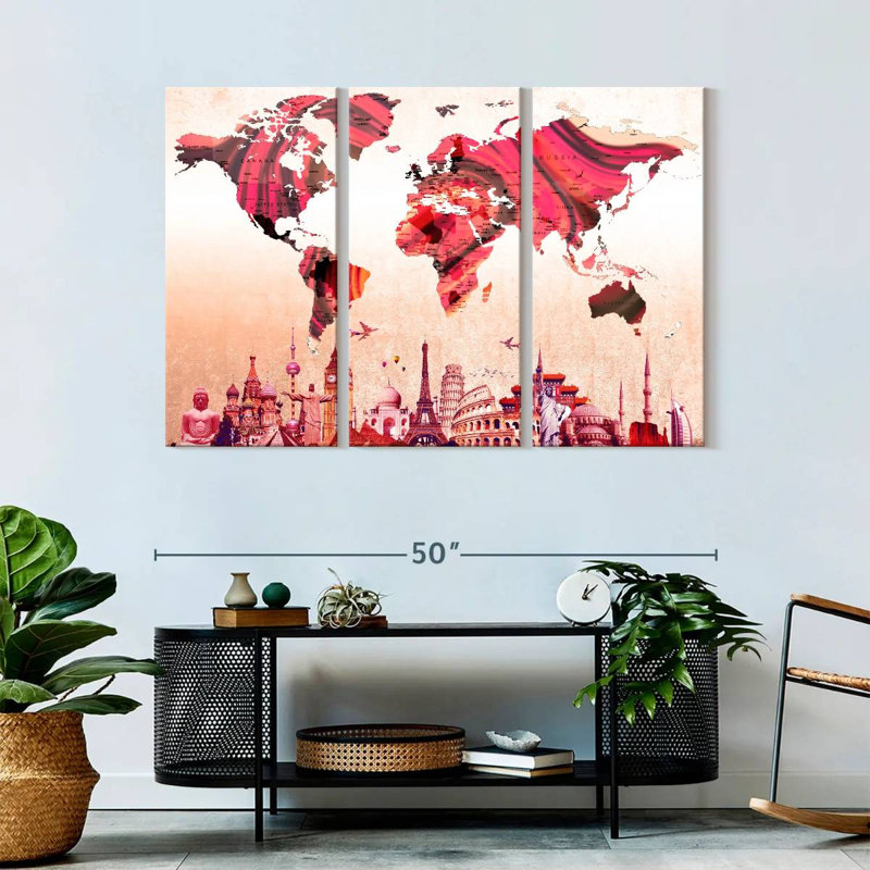 Carte du monde en or rose 3 pièces, H 32 po x l 50 po x P 1,25 po