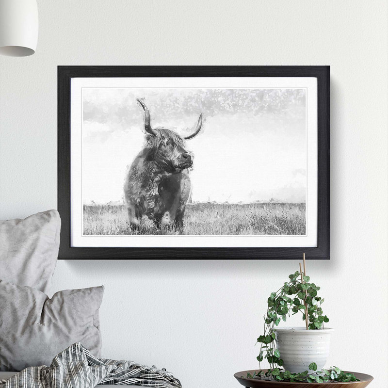 Highland Cow in Abstract - Framed Print, 48cm H x 65cm W x 2cm D, Black Framed