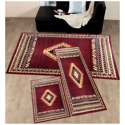 Ensemble de tapis rouge/beige 3 pièces native american Osceola