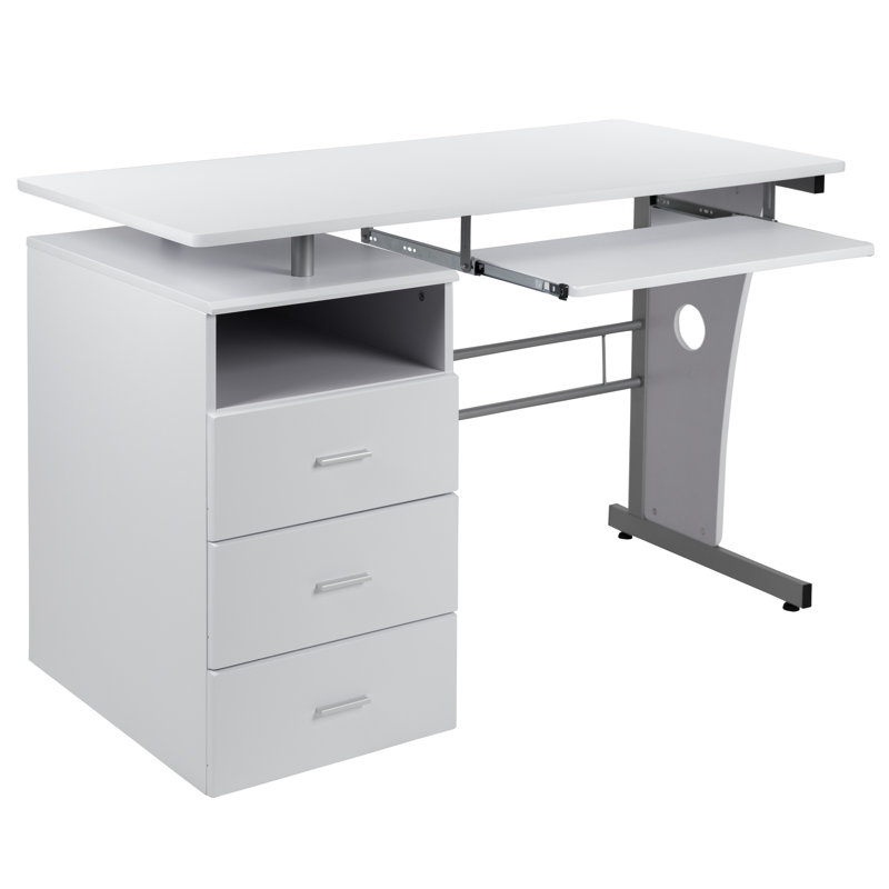 Bureau d'ordinateur Picabo avec piédestal simple à trois tiroirs et plateau à clavier coulissant, Blanc
