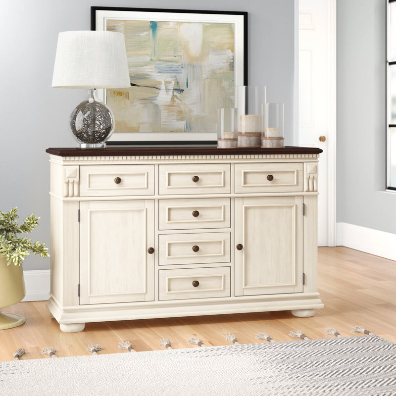 Buffet de style transitionnel 56,5 po Weatherhill, plateau brun, 6 tiroirs et 2 armoires, Ivoire