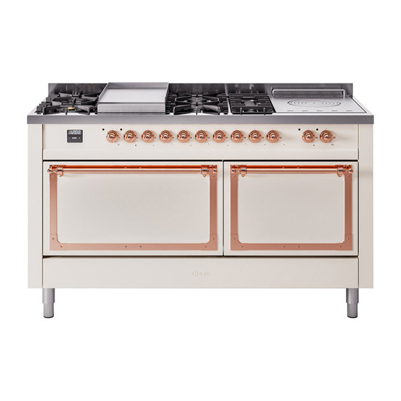 ILVE Nostalgie II Noblesse 60 in Dual Fuel Range 7 Burner, Griddle, Frenchtop, Liquid Propane, Antique White/Copper