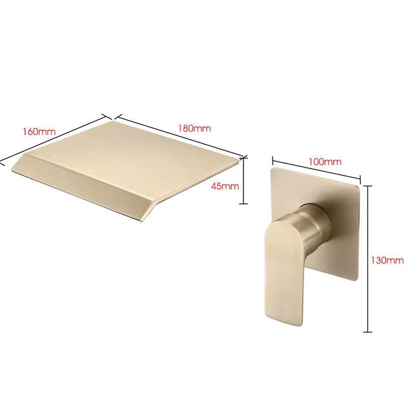 Robinet de lavabo de salle de bain en cascade brossé doré - fixation murale, poignée simple pour une utilisation facile et contrôle de la baignoire dorée, moderne avec fluidité
