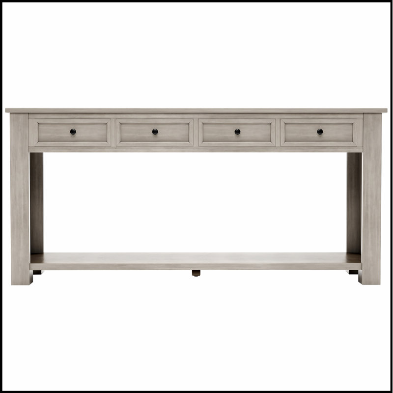 63" Console Table with 4 Drawers & Bottom Shelf – Solid Wood Frame, Rustic Chic Design for Hallway/Entryway, Gray Wash