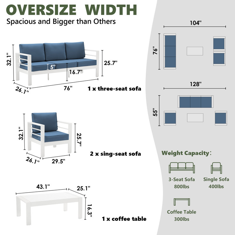 Rolston 5 - Person Outdoor Seating Group with Cushions, Blue, White