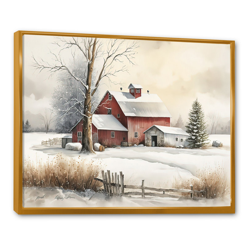 «Yellow Church pendant l'hiver II», art mural paysage religieux, H 16 po x l 32 po x P 1 po, Cadre flottant doré