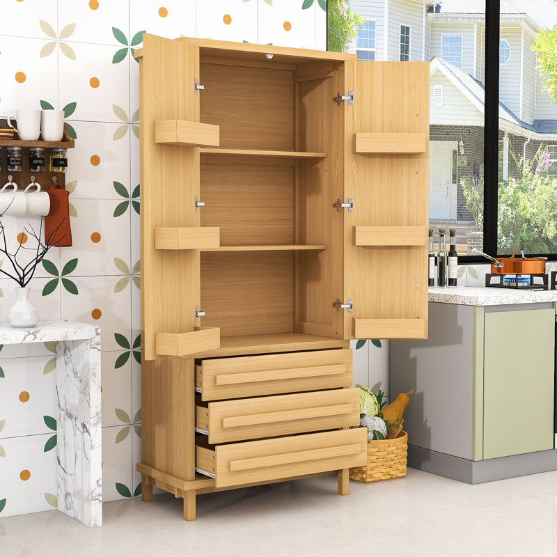 Elegant Wood Storage Cabinet - Adjustable Shelves, Quiet Hinges, Natural