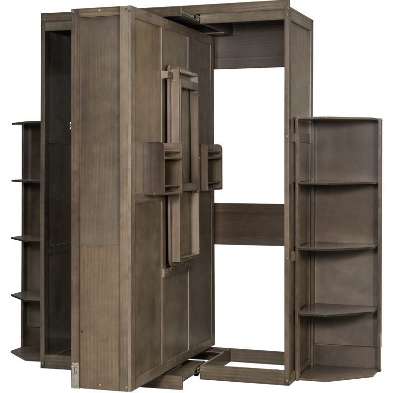 Grand lit pivotant 360 ° avec un design épuré, des tablettes à 3 niveaux et un bureau convertible, pour les petites chambres d'amis, double caché gris supplémentaire, parfait