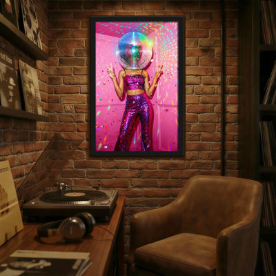 Abstract Disco Ball Head Glitter Outfit Pink Background Confetti Sparkles Party Vibes