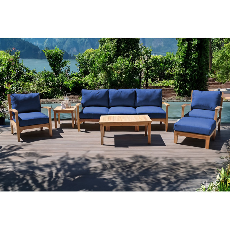 Huntington Teak 5 - Person Patio Conversation Set with Cushions, Sapphire