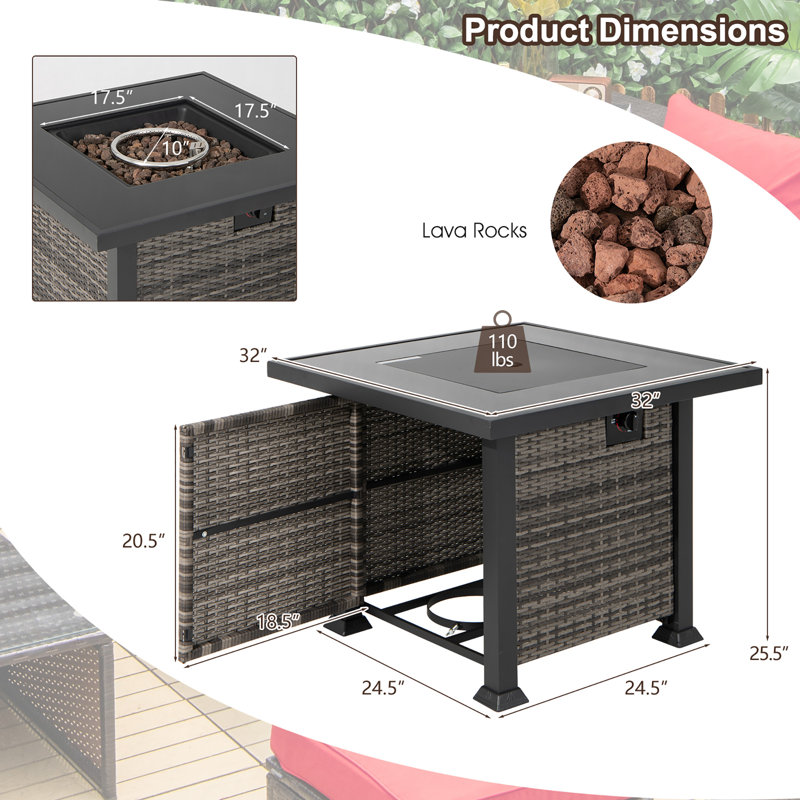 Amirea Square Propane Smokeless Fire Pit Table, Gray